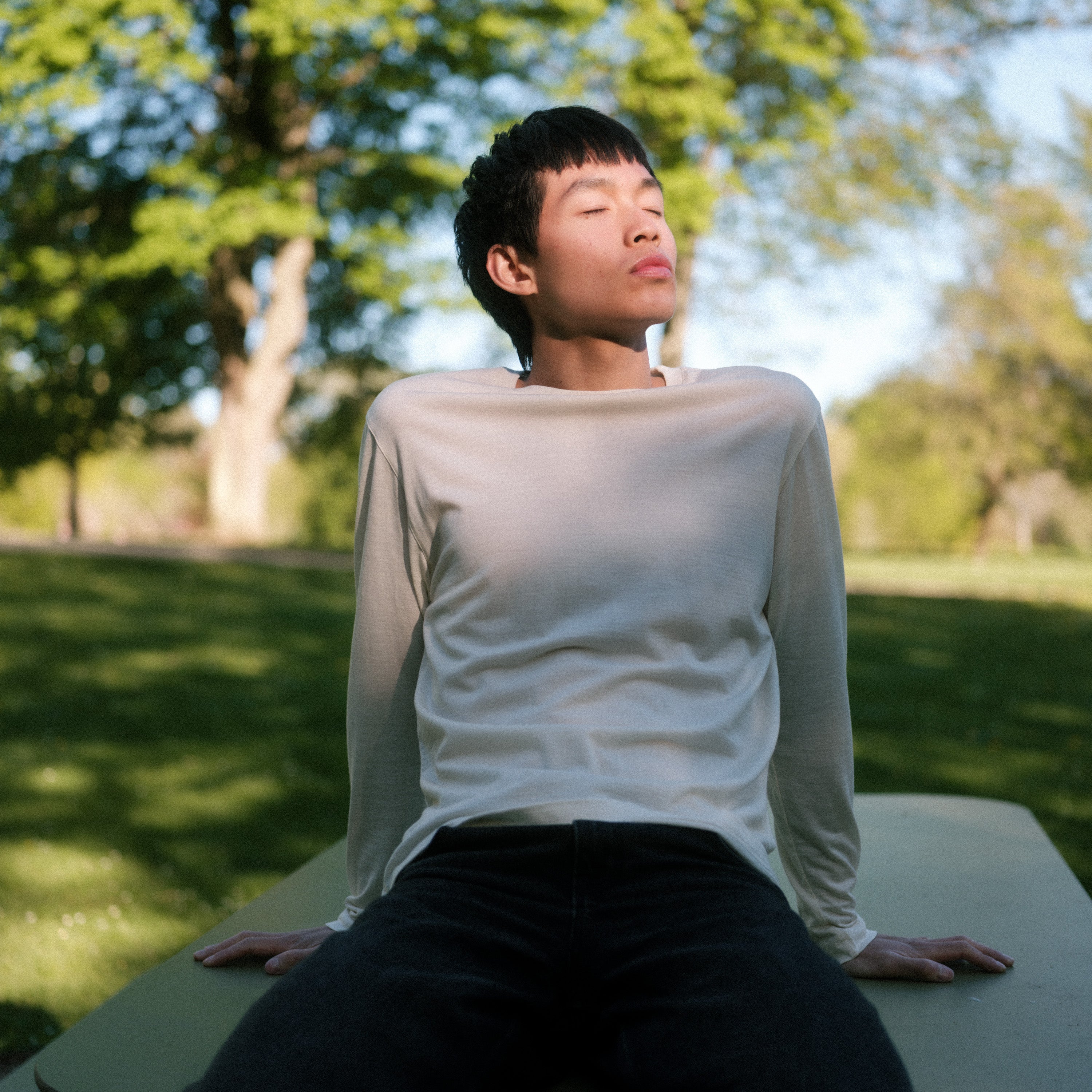 The Regular T-Shirt L/S in undyed natural extrafine merino wool, back view